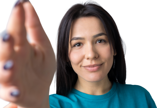 Portrait of attractive young woman wants to hug you, isolated on grey background.