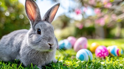 Fototapeta premium A gray rabbit sits on green grass outdoors with colorful Easter eggs in the background, surrounded by a bright, springtime environment