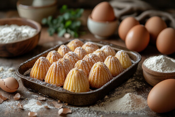 Fototapeta premium Powdered sugar-covered pastries on a tray with eggs.