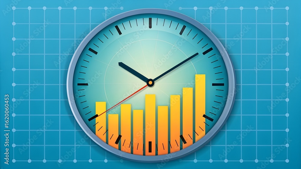 Poster time management and business growth conceptualized with a clock displaying rising bar graphs against