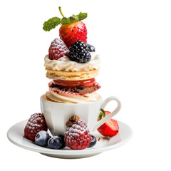 A miniature dessert tower, layered in a teacup, topped with fresh berries and whipped cream