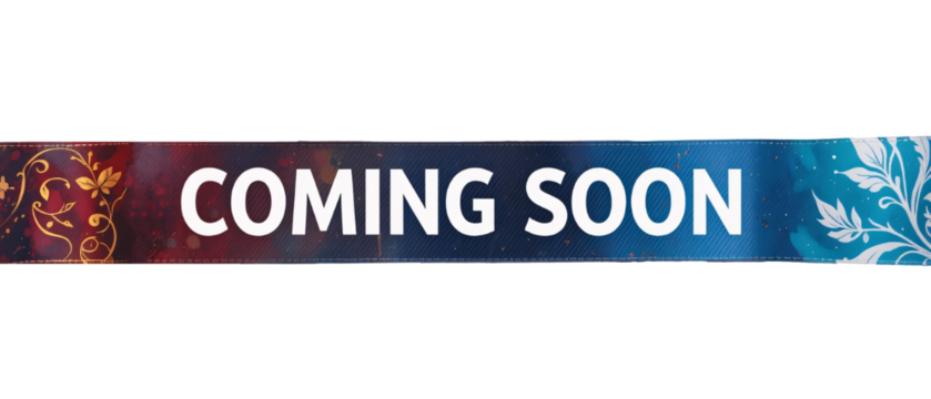 coming soon card design with a red ribbon bow and paper decorations