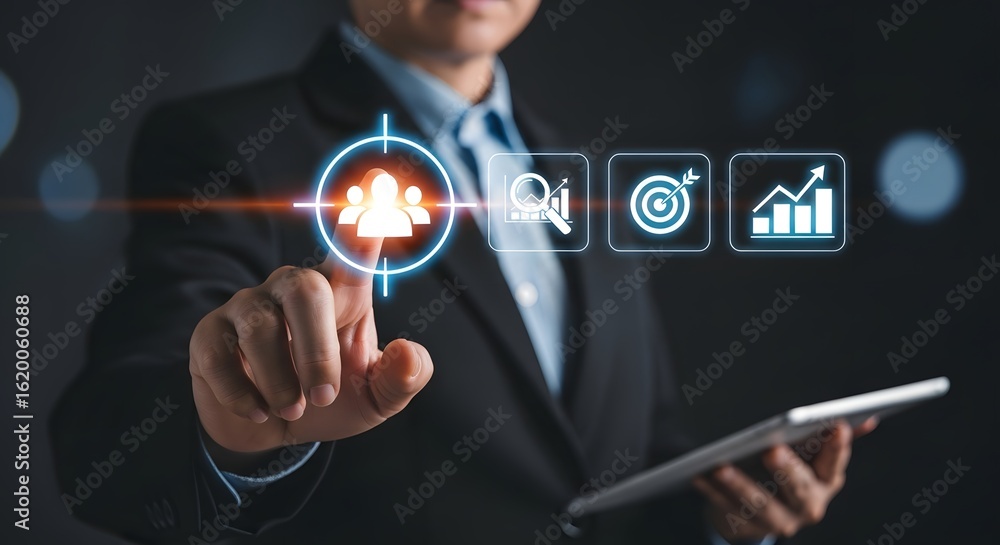 Poster professional using digital interface for target audience analysis and business growth, strategic pla