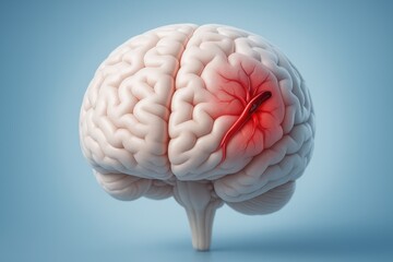 Clean 3D medical visualization of human brain highlighting an ischemic stroke area, designed in sterile, infographic-style with blue background. 3D Brain Illustration Showing Ischemic Stroke Area

