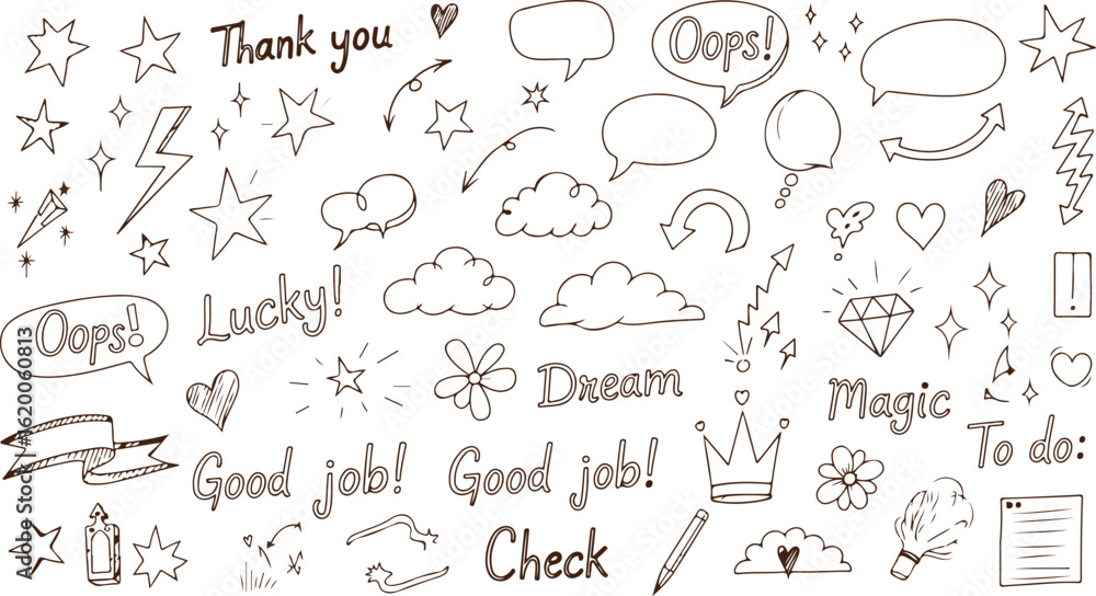 Poster collection of hand drawn doodle elements and text isolated on transparent background
