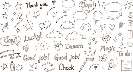 Collection of hand drawn doodle elements and text isolated on transparent background