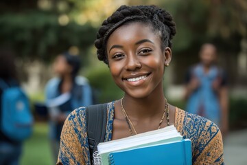A smiling student holds notebooks outdoors, ready for class on a sunny day, with classmates and greenery in the background