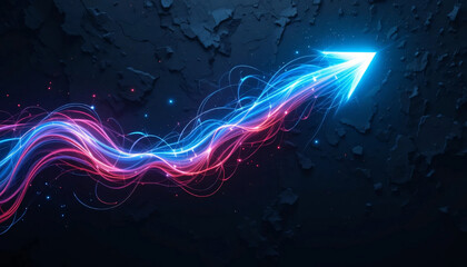 Glowing arrow ascends, its trail a vibrant, dynamic stream of blue and red energy against a dark, textured background. Symbolizing growth, progress, and innovation.