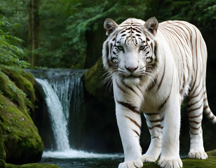 A white tiger near a waterfall in the green forest.