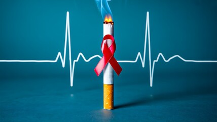 Burning cigarette with ribbon for anti smoking health campaign