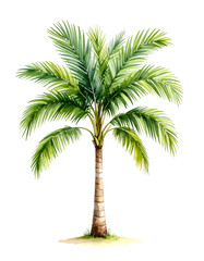 Obraz premium Watercolor Tropical Palm Elegance: A watercolor painting portrays a majestic palm tree, its lush green fronds gracefully unfurling against the clear sky. A tranquil and serene ambiance.