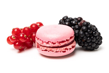 Small tasty sweet original classic macaroon cake with fresh blackberry and redcurrant on top isolated on white studio background
