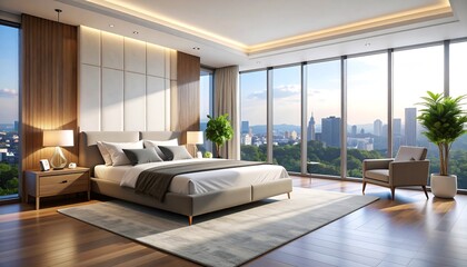 Fototapeta premium Modern bedroom with city view (29)