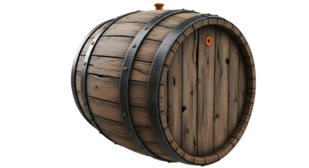 Rustic wooden barrel with metal bands, perfect for aged spirits, wine storage, or vintage beverage branding projects.