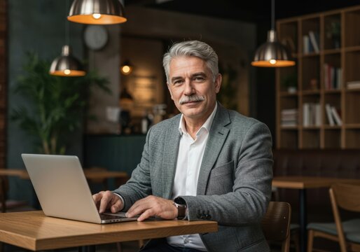 Mature gentleman engaged in work on a laptop in a cozy cafe setting with warm lighting - Powered by Adobe