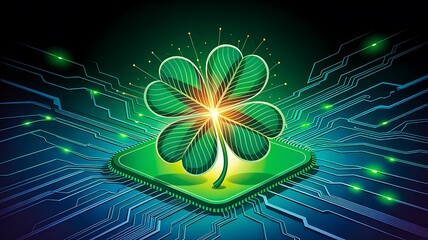 Clover leaf glowing on futuristic microchip technology board