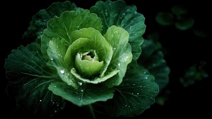 A close-up of a fresh green cabbage with water droplets on its leaves, set against a dark background