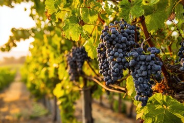 Clusters of ripe purple grapes hanging on lush green vines in a sunlit vineyard, with rows stretching into the distance