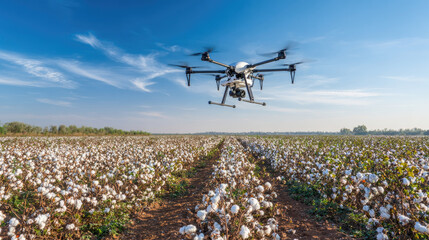 Drone agriculture pesticide cotton field technology farming sky rural innovation. Drone flying over cotton field applying pesticide showcasing modern agriculture technology and rural landscape