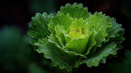 A close-up of a fresh green cabbage with dewdrops on its leaves, set against a dark, blurred background