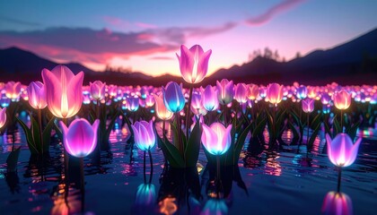 Glowing Pink And Purple Tulips In A Watery Landscape At Sunset