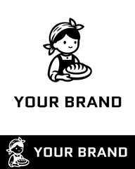 Cute and simple bakery logo design featuring a smiling girl baker holding fresh bread