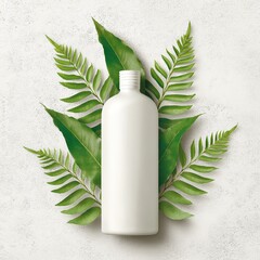A white bottle is centered on green leaves, suggesting eco-friendly packaging and natural, organic product themes