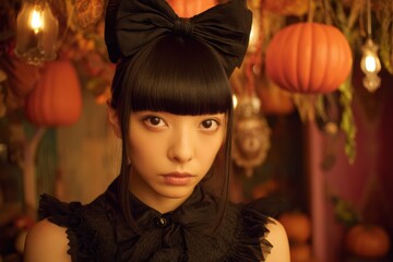 A young woman with straight black hair and a large bow poses indoors, surrounded by hanging pumpkins and warm, festive lighting