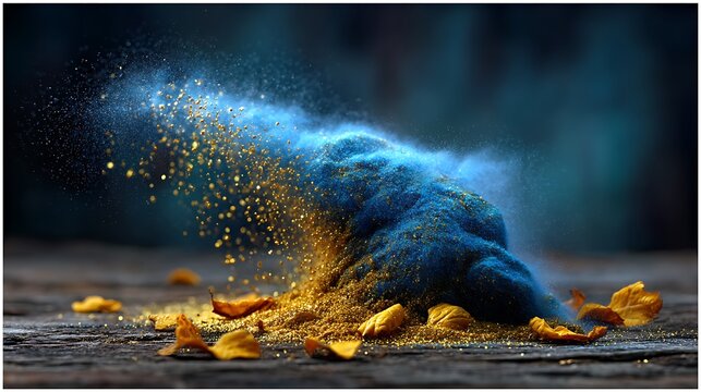 A high-energy explosion of gold glitter frozen in time, with flecks of metallic light suspended against a deep night sky gradient