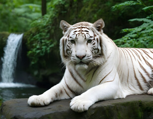 A white tiger is sitting near a waterfall in the green forest.