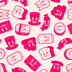 Seamless pink pattern featuring hand-drawn cartoon faces and quirky objects. Ideal for wrapping paper, textiles, notebooks, and youth branding projects.