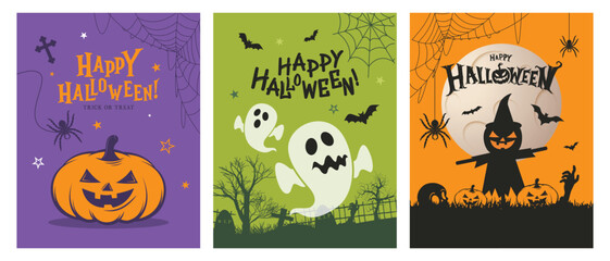 Happy Halloween card vector set. Cute collection, spooky ghost, pumpkin, bat, moon, skull, spider. Template design for Halloween decoration, prints, website, promotion, ads.