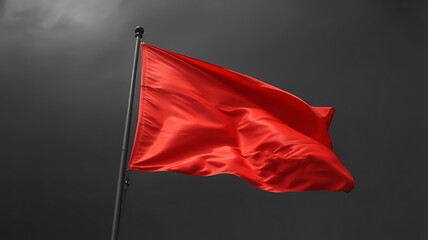 Waving red flag on cloudy dramatic background