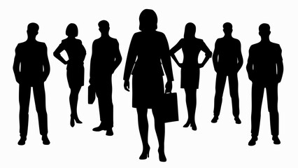 Silhouette of a business team with a woman in the front holding a briefcase and leading them all