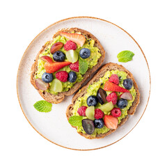 Top view of avocado toast with strawberry, blueberry, raspberry and grape on plate, Healthy eating