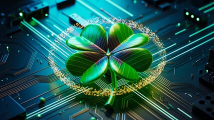 Digital clover leaf on futuristic technology circuit board