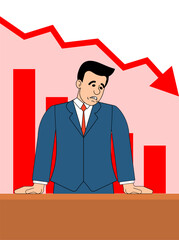 sad businessman standing in front of a declining red graph. Symbolizes financial downturn, recession, loss, and business failure. Great for economic crisis and poor performance concepts.