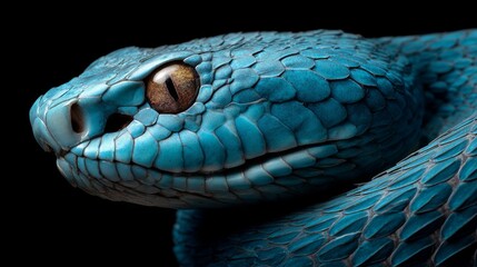 Fototapeta premium Blue snake close-up on a black background.