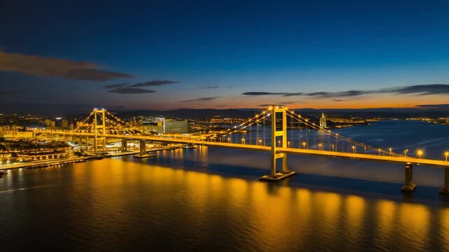 Illuminated osman gazi bridge spanning the serene waters of izmit bay during a vibrant sunset, connecting europe and asia with its impressive structure