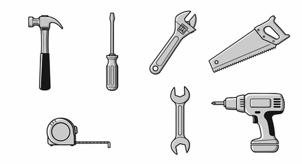 An assortment of common tools including a hammer, screwdriver, wrench, saw, tape measure, open-end wrench, and a cordless drill, all rendered in grayscale.