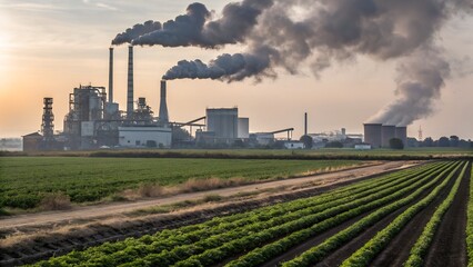 Industrial power plant with smokestacks emitting pollution over agricultural fields illustrating environmental concerns and climate change effects.