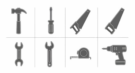 Collection of grayscale hand tools icons: hammer, screwdriver, saws, wrenches, tape measure, drill.