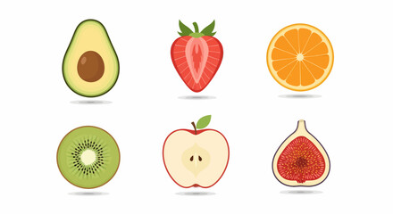 Colorful collection of fresh fruits sliced in half showing their cross-sections on a white background.