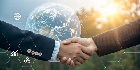 Business handshake with world globe and business icons suggesting international collaboration and global partnership opportunities for growth.