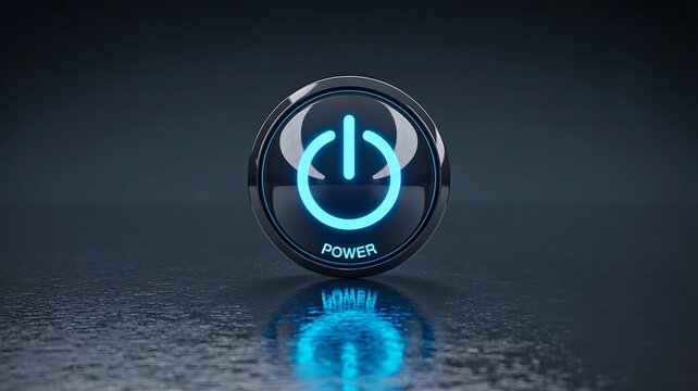 Glowing blue power button with futuristic neon light