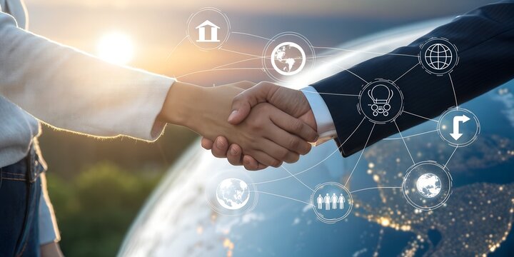 Business partners shaking hands symbolizing global collaboration and successful partnerships with digital icons over a blurred earth backdrop