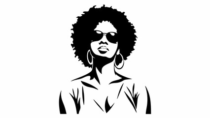 Silhouette of a woman with afro hairstyle wearing sunglasses and hoop earrings in black and white style