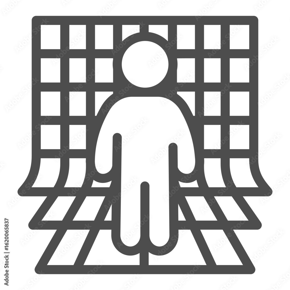 Poster user of augmented reality line icon, metaverse concept. vector graphics. human with net wall, networ
