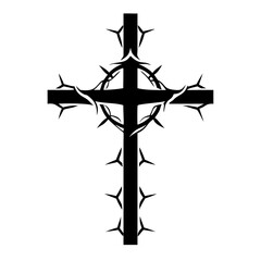 Cross with thorns emblem in black and white, a religious cross. Religious illustration with a crown of thorns and spiritual meaning. Symbolic cross with thorns for concepts relating to faith.