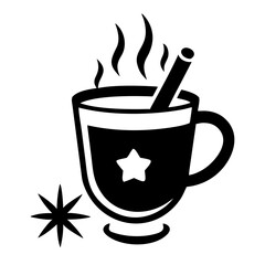 Hot cider with cinnamon stick, a festive holiday beverage in monochrome silhouette. Hot cider is a simple treat, enjoyed during fall and winter months, especially at Christmas, New Year.